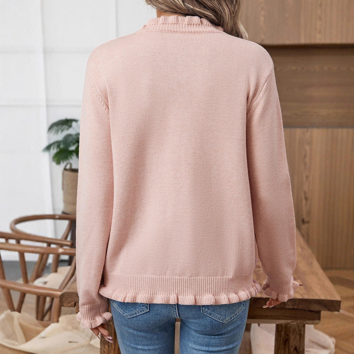 Women's Ruffle Trim V Neck Cardigan