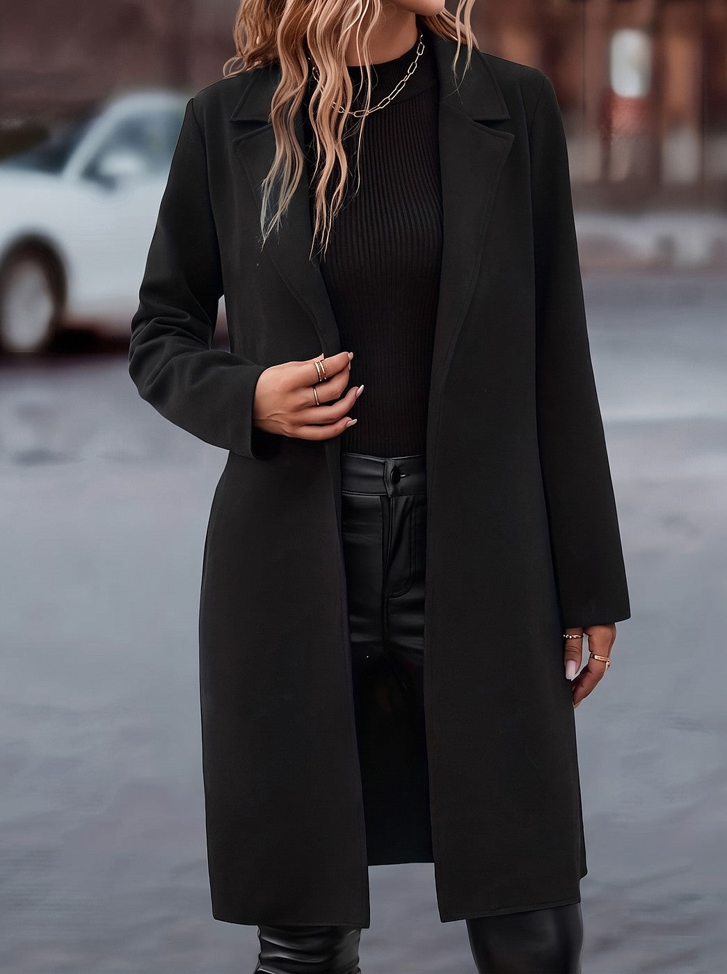 Women's Long Belted Coat with Notch Lapel