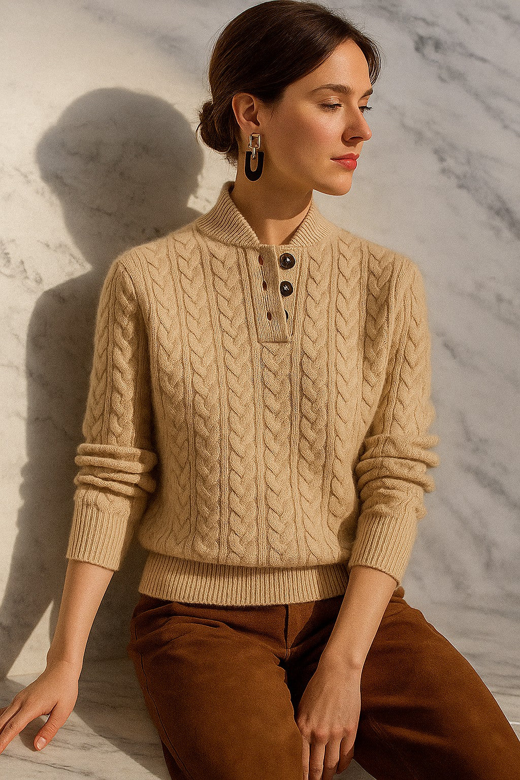 Women's Button Mock Neck Cable Knit Sweater