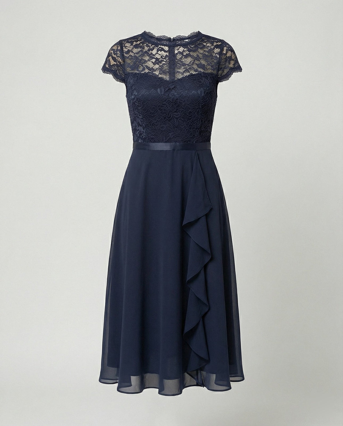 Women's Ribbon Waist Lace Chiffon Midi Dress
