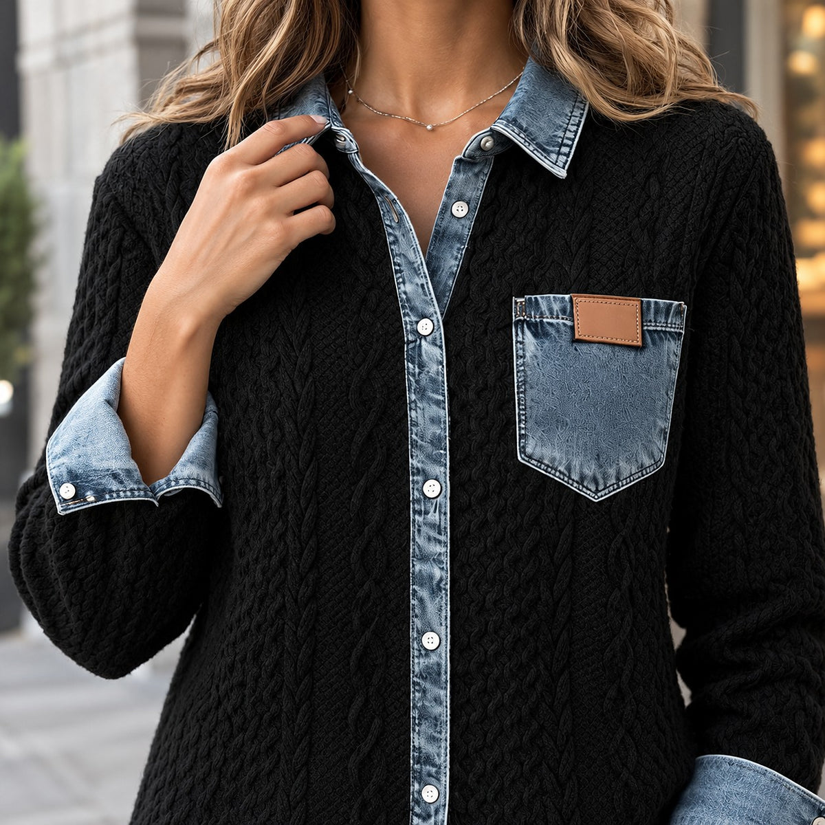 Women's Denim Look Collar Cable Knit Shirt