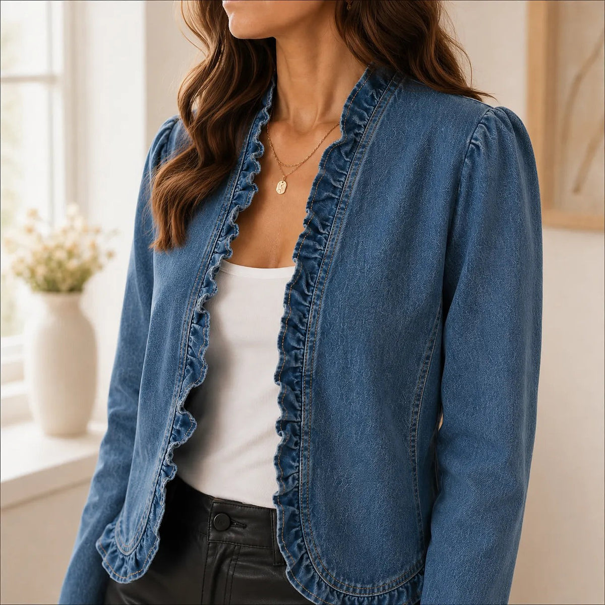 Women's Cropped Ruffle Trim Denim Look Jacket