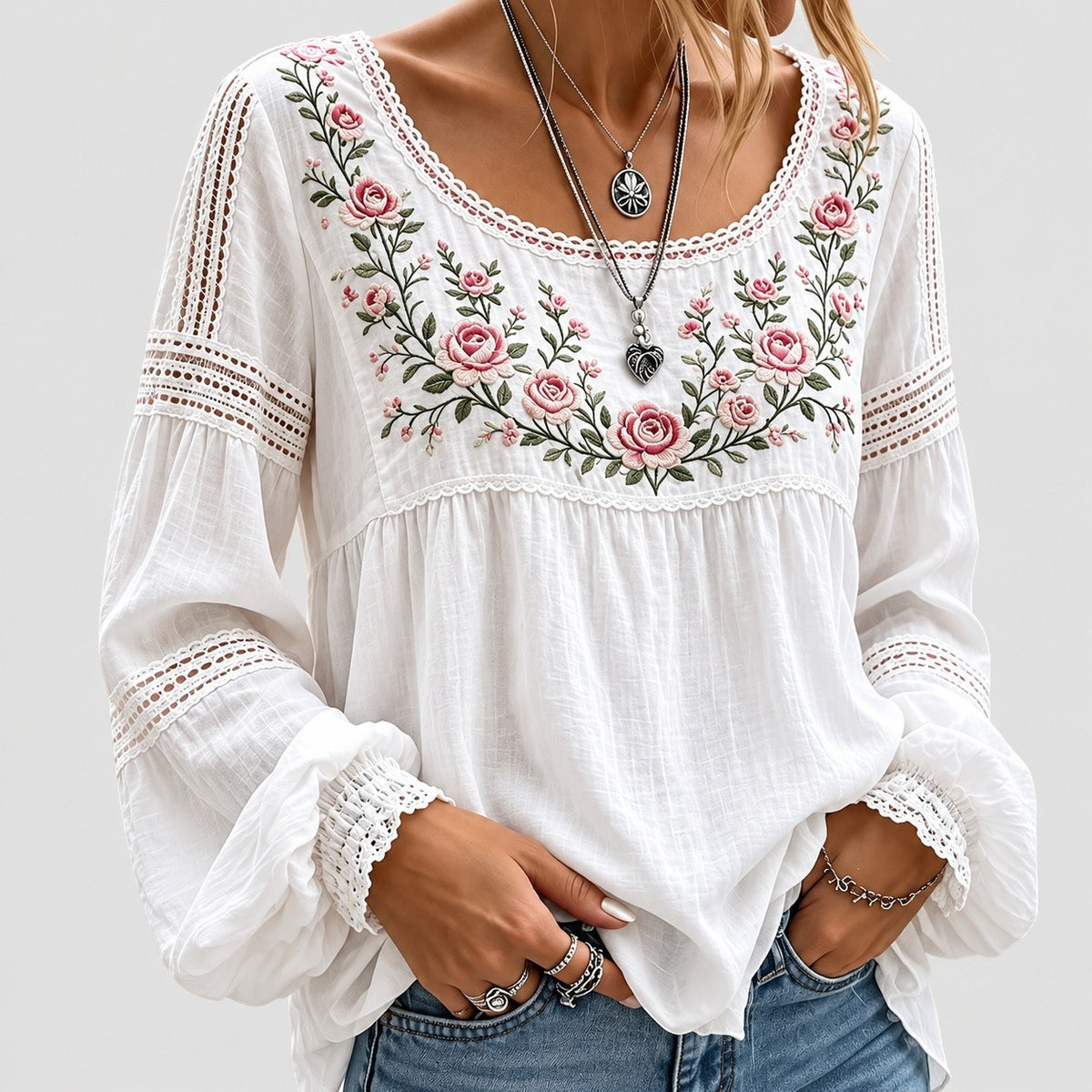 Women's Boho Embroidered Long Sleeve Blouse
