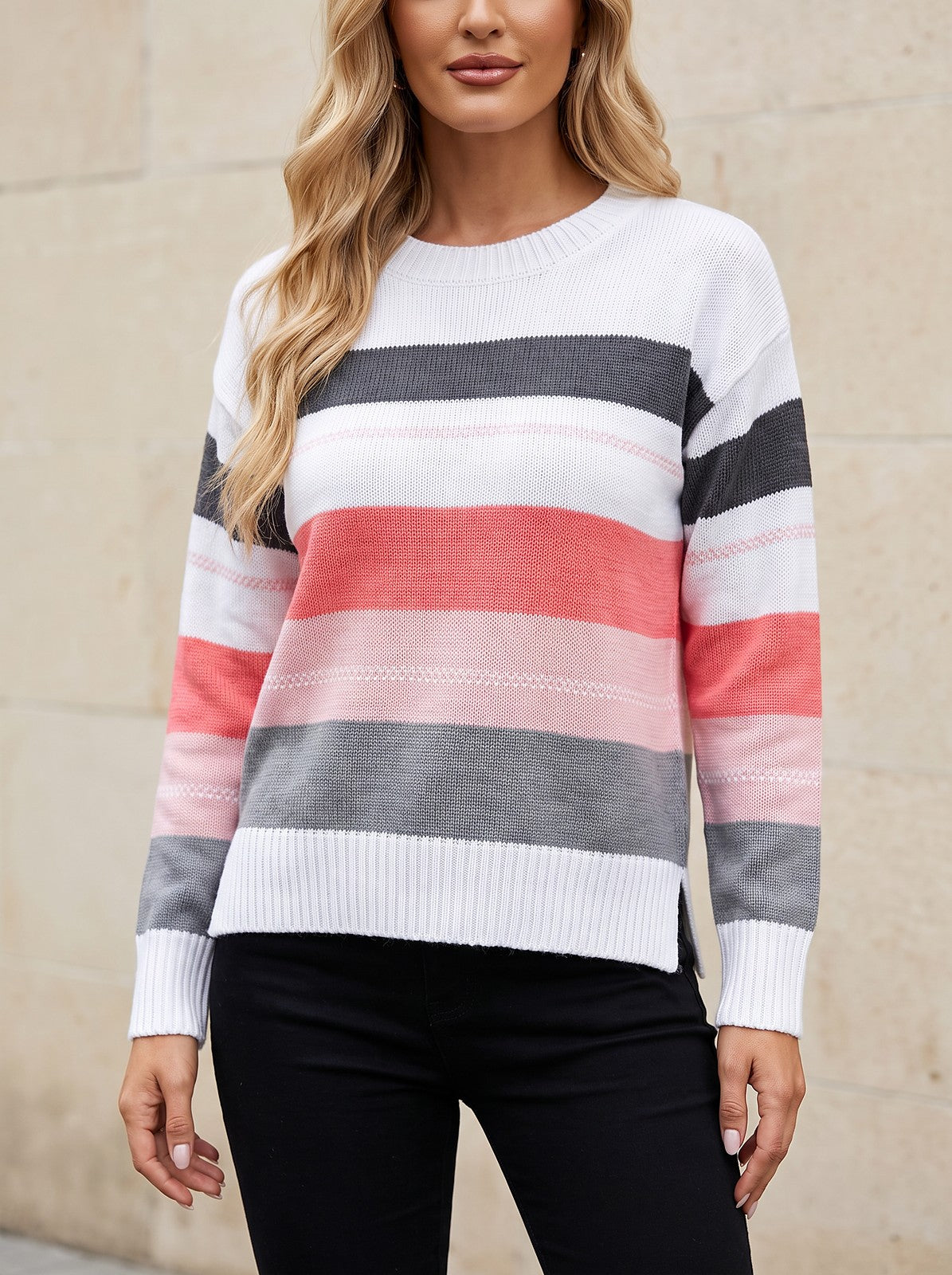 Women's Striped Crew Neck Pullover Sweater