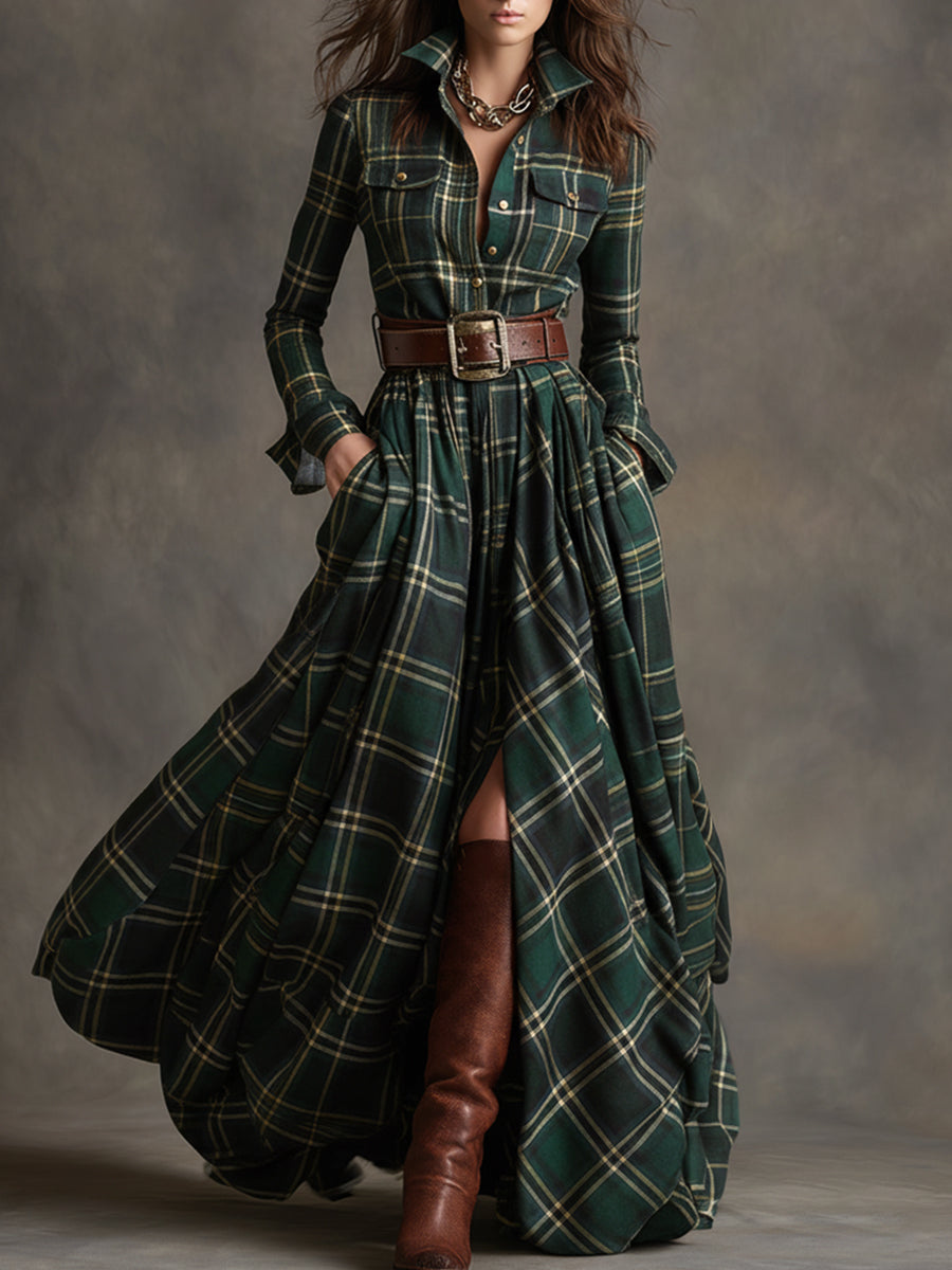 Women's Long Sleeve Plaid Maxi Dress