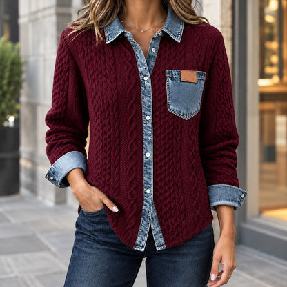 Women's Denim Look Collar Cable Knit Shirt