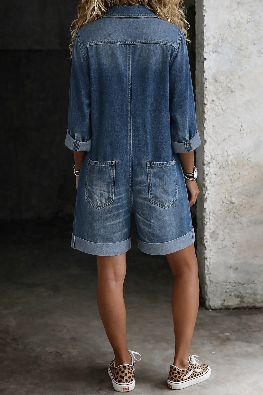 Women's Collared Denim Romper with Pockets