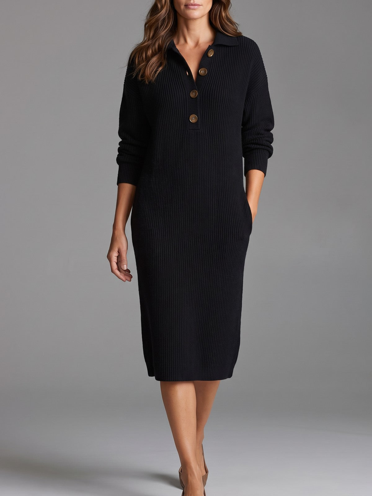 Women's Ribbed Sweater Dress with Button Collar