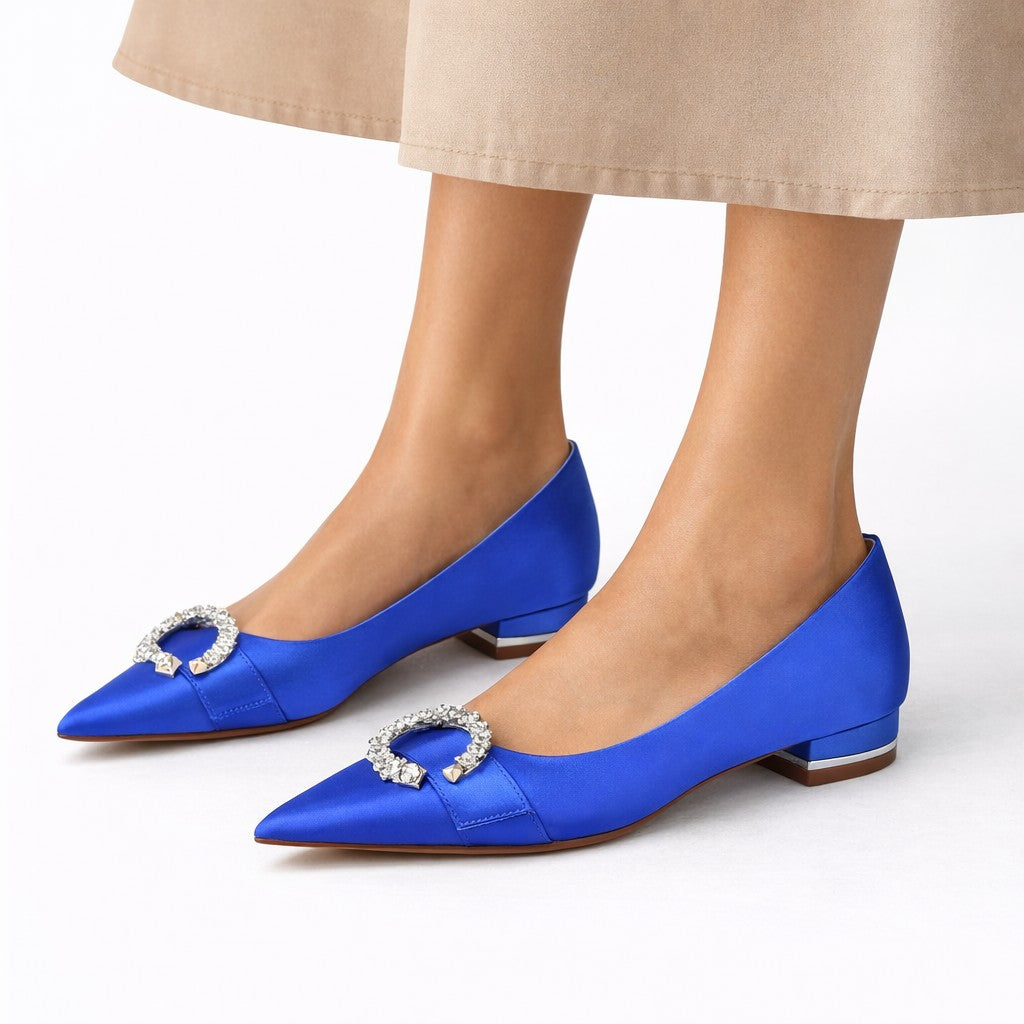 Women's Satin Pointed Toe Flats Block Heel