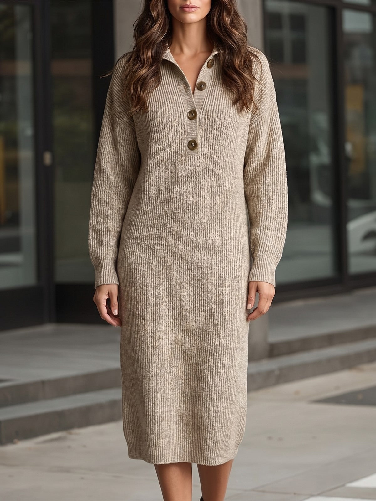 Women's Ribbed Sweater Dress with Button Collar
