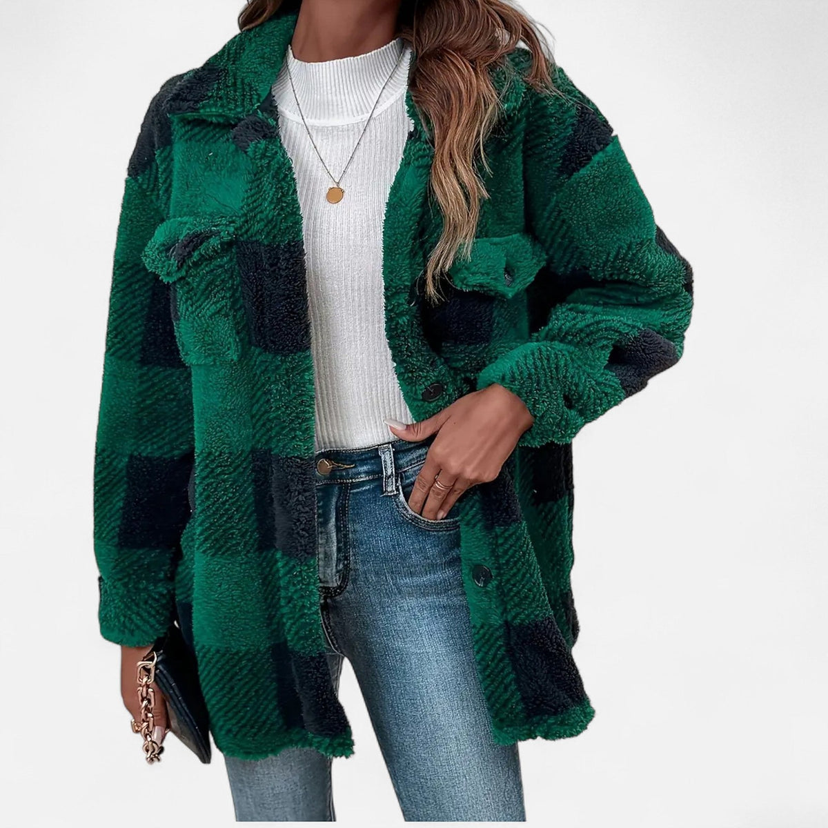 Women's Plaid Teddy Shacket with Buttons