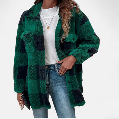 Women's Plaid Teddy Shacket with Buttons