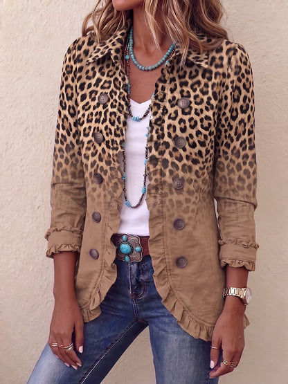 Women's Collared Leopard Jacket Ruffle Hem