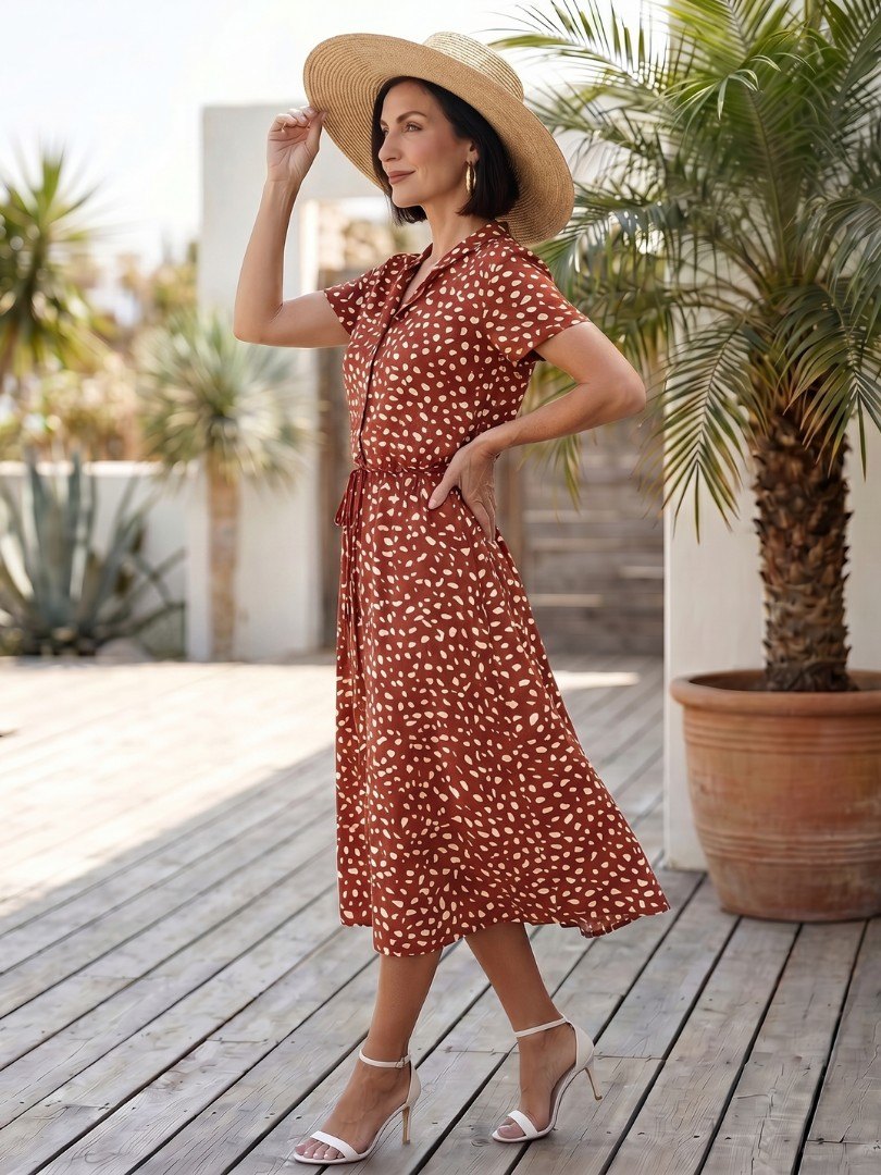 Women's Dot Print Button Front Midi Dress