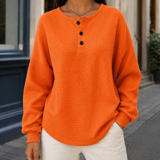 Women's Waffle Knit Sweater with Button Neck