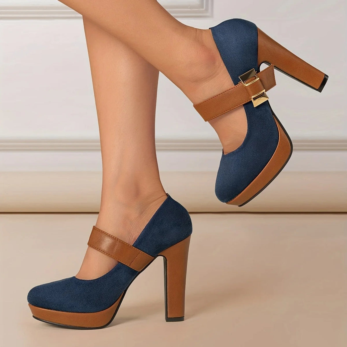 Women's Double Buckle Platform Block Heel Pumps