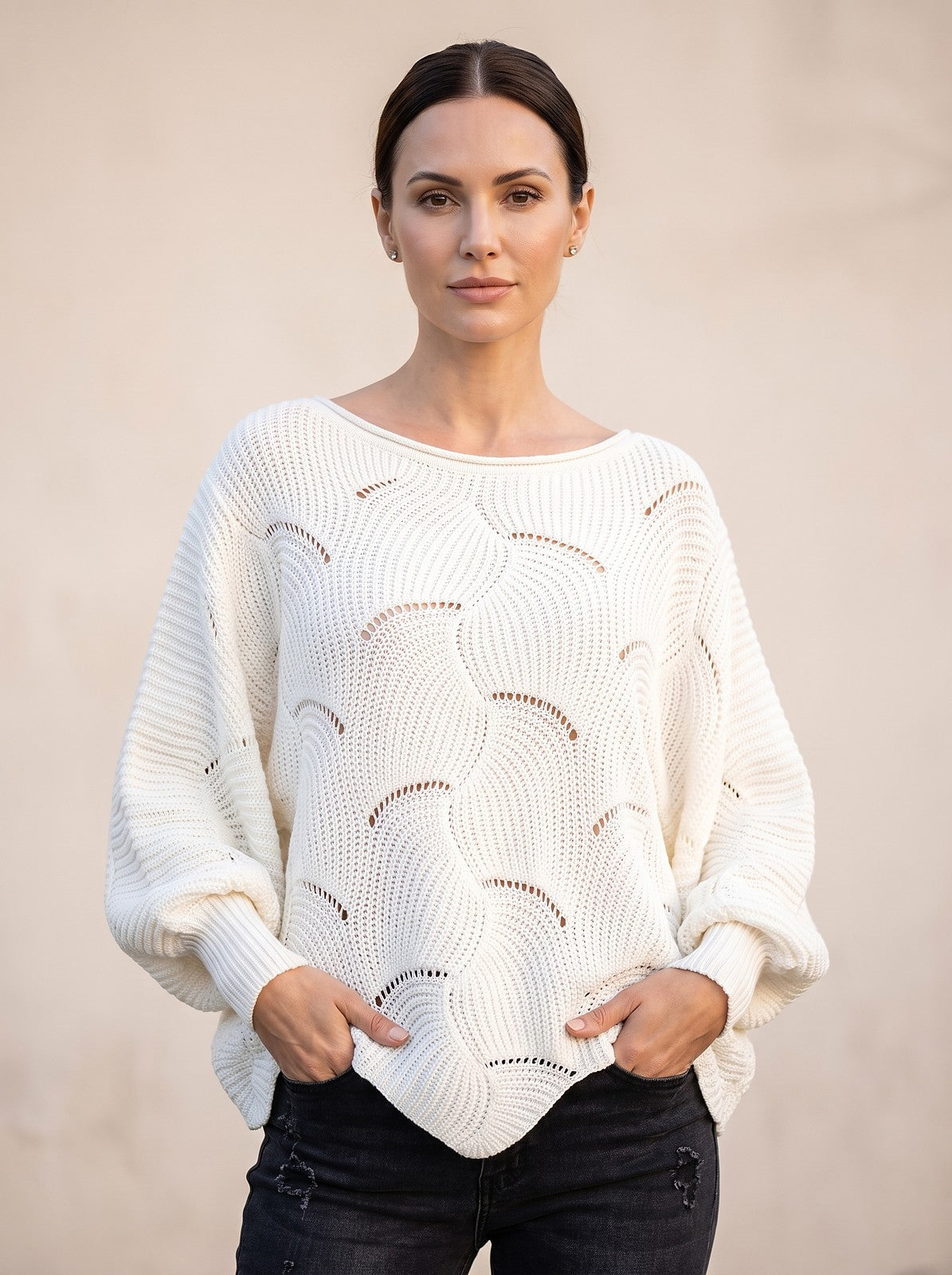 Women's Pointelle Knit Dolman Sleeve Pullover