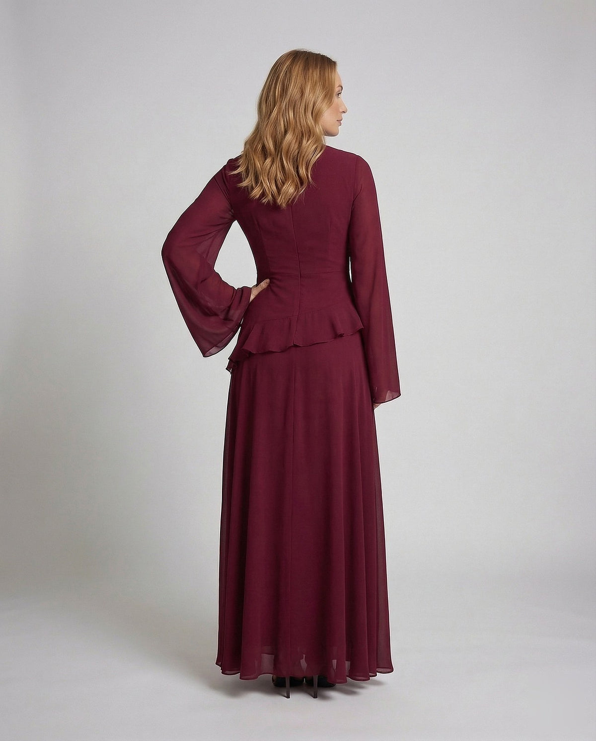 Women's Bell Sleeve Peplum Waist Maxi Dress