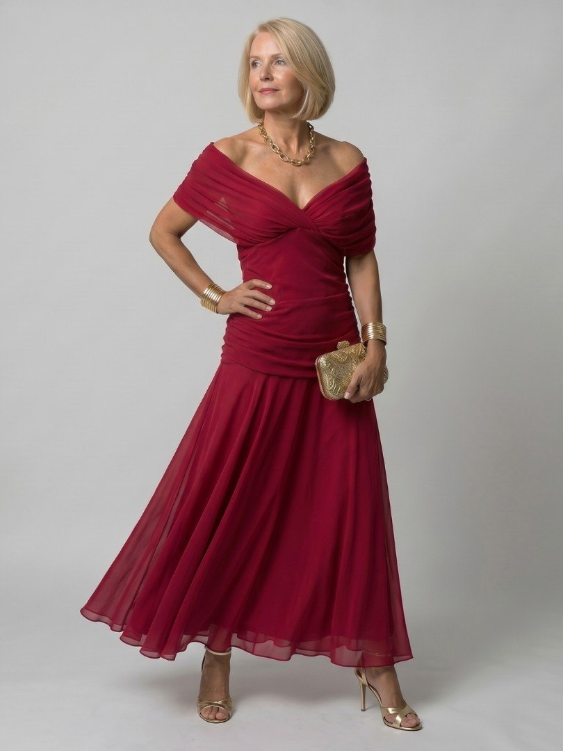 Women's Off Shoulder Ruched Bodice Midi Dress