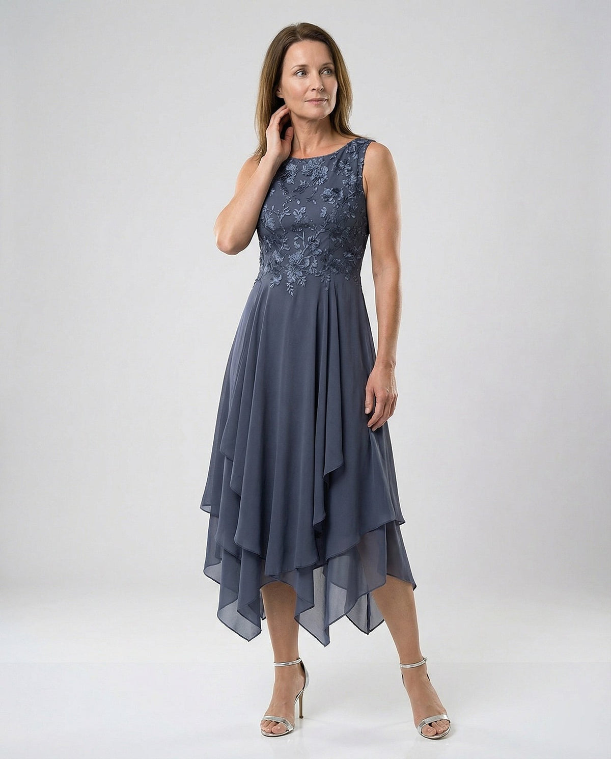 Women's Embroidered Waist Layered Chiffon Dress