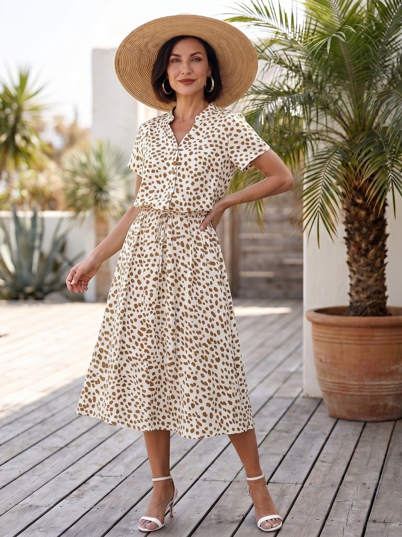 Women's Dot Print Button Front Midi Dress