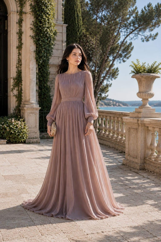 Women's Vintage Neckline Pleated Evening Maxi Dress
