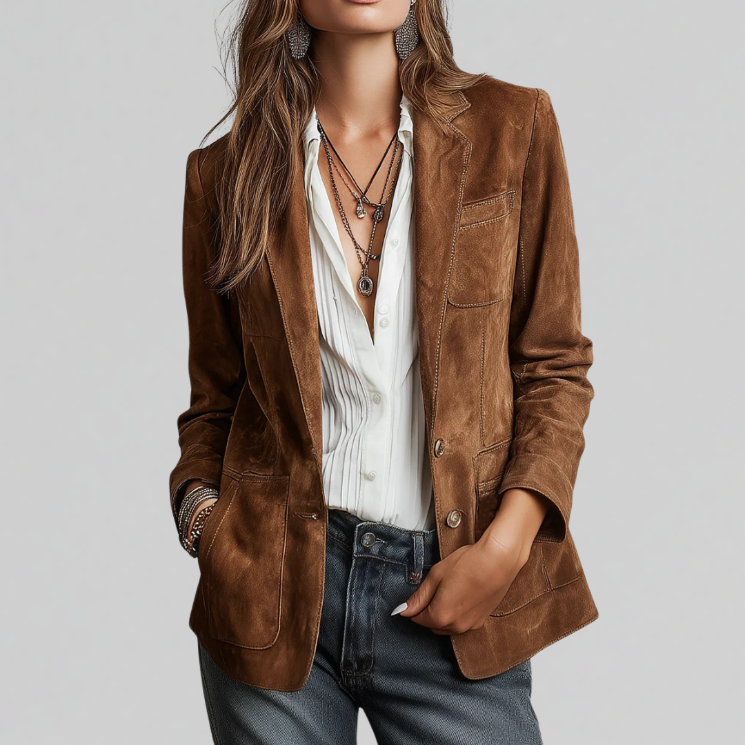Women's Faux Suede Notched Lapel Blazer Jacket
