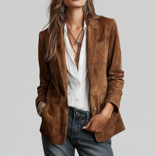 Women's Faux Suede Notched Lapel Blazer Jacket
