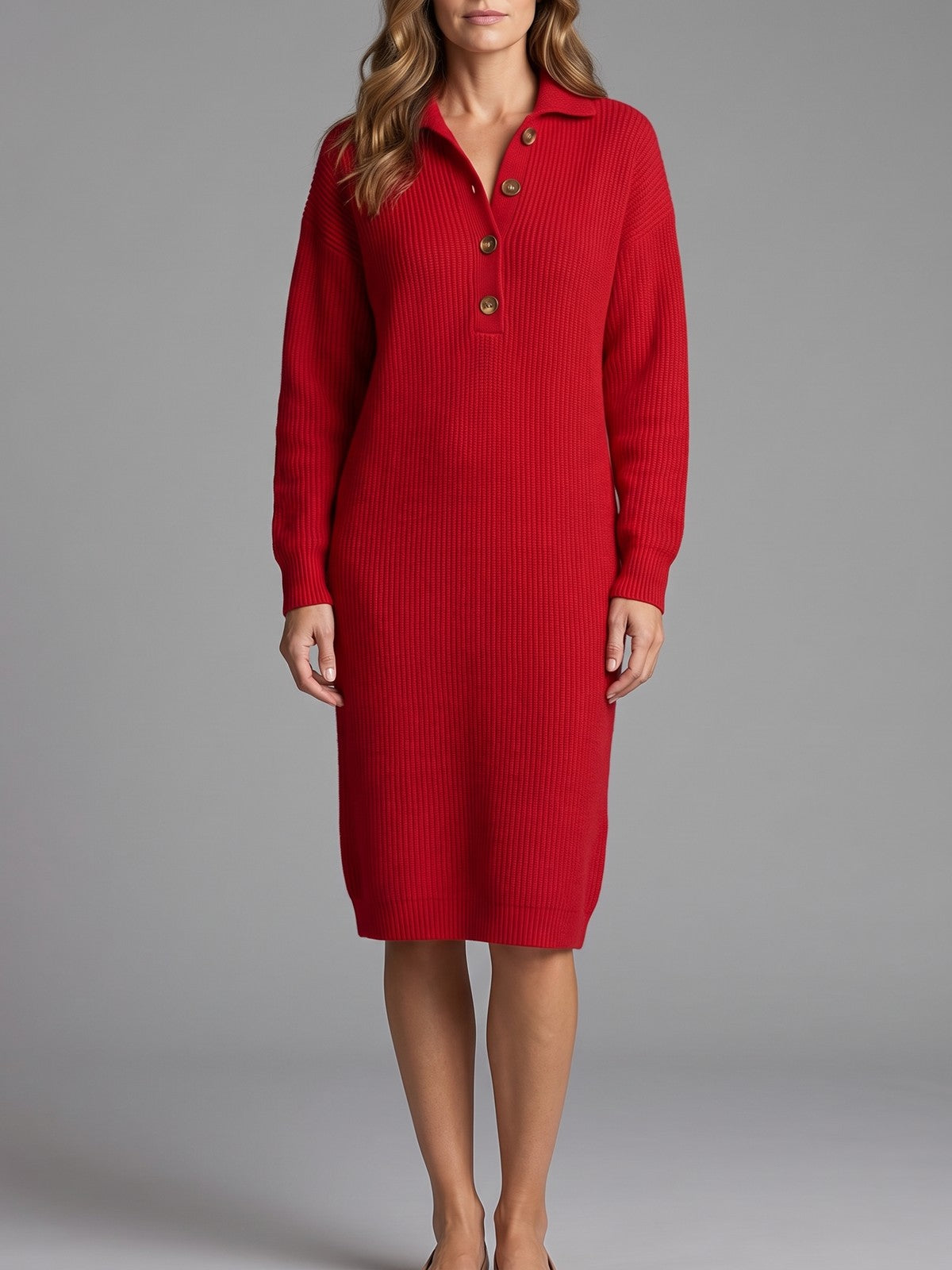Women's Ribbed Sweater Dress with Button Collar