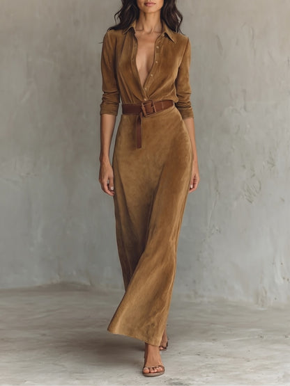 Women's Faux Suede Belted Maxi Dress