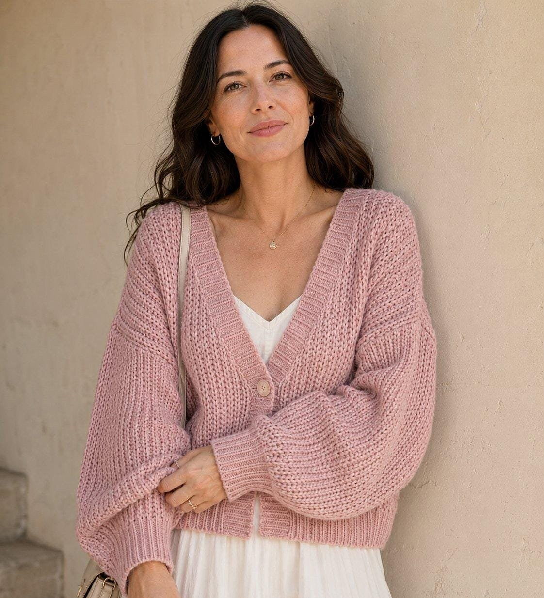 Women's Cropped Chunky Knit Balloon Sleeve Cardigan