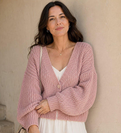 Women's Cropped Chunky Knit Balloon Sleeve Cardigan