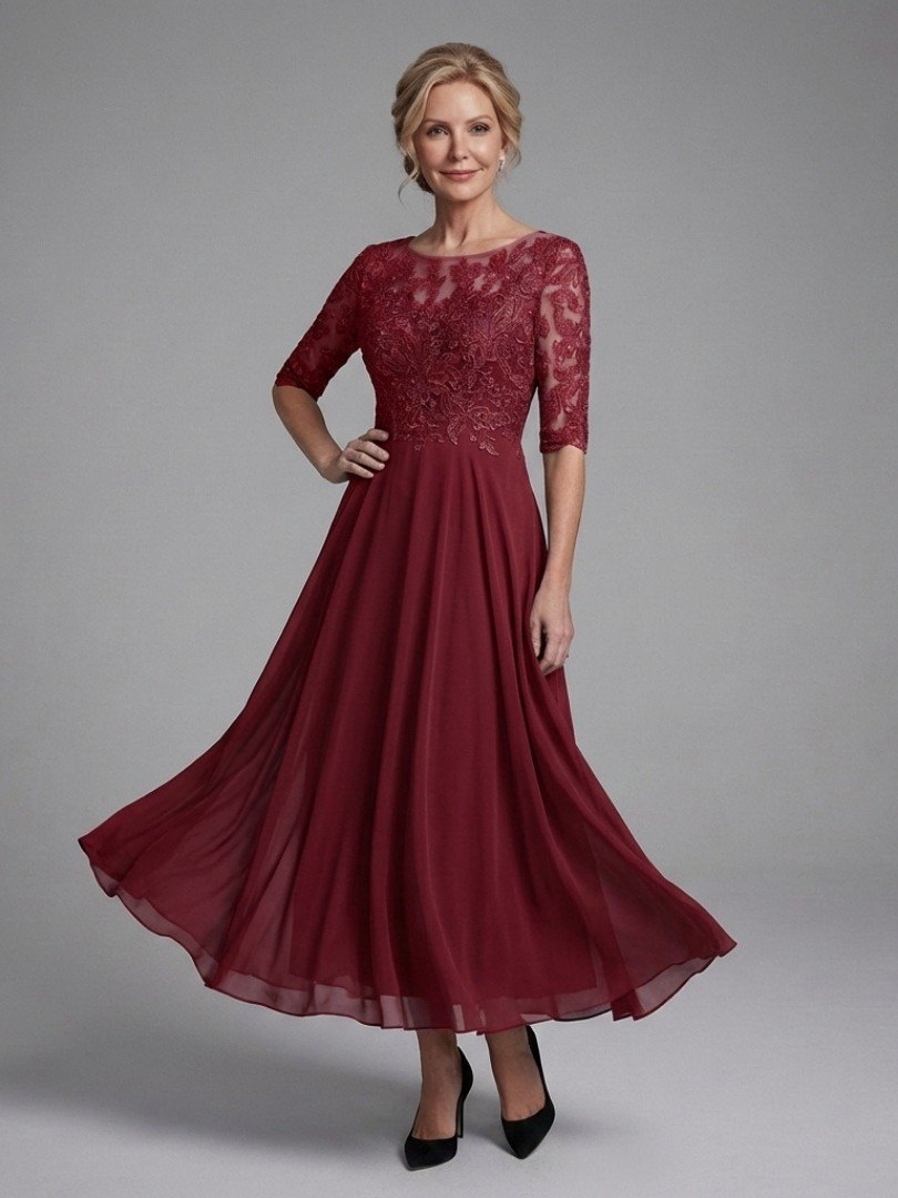 Women's Lace Bodice A-Line Chiffon Dress
