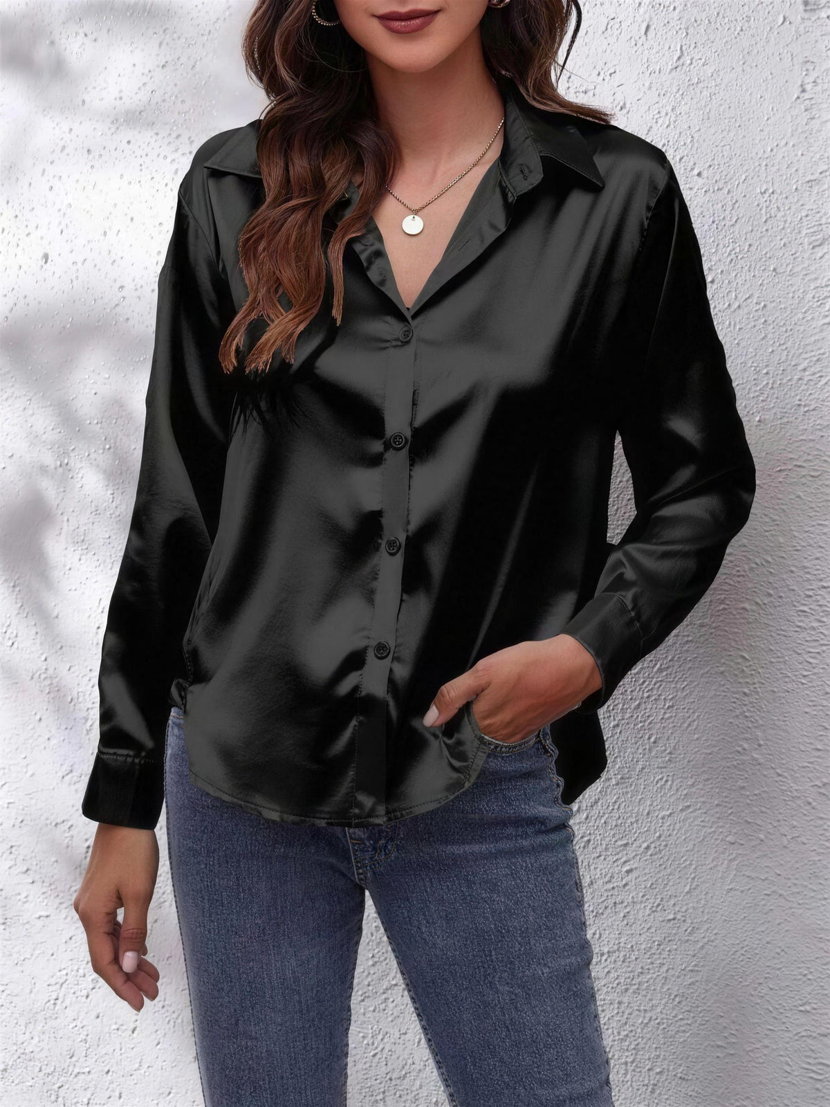 Women's Collared Satin Shirt with V Neck