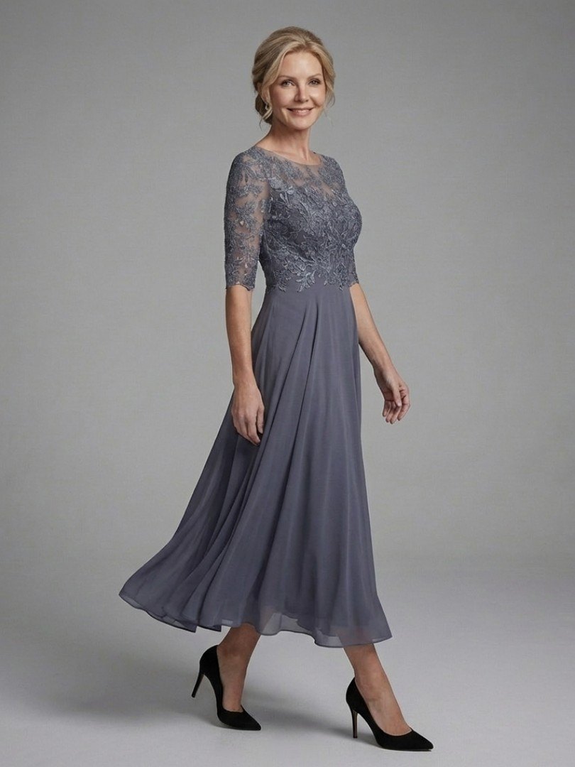 Women's Lace Bodice A-Line Chiffon Dress
