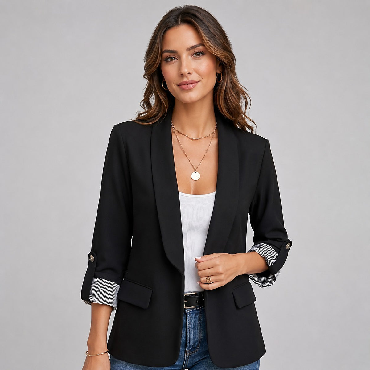 Women's Roll Up Sleeve Open Front Blazer