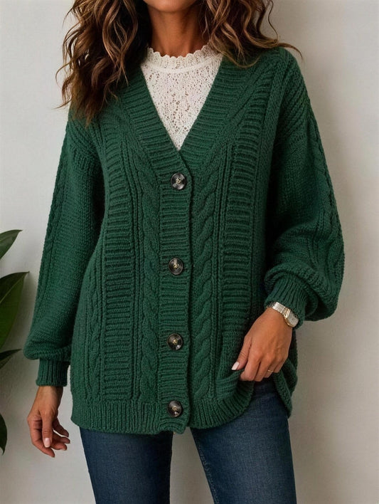 Women's Chunky Cable V Neck Button Cardigan