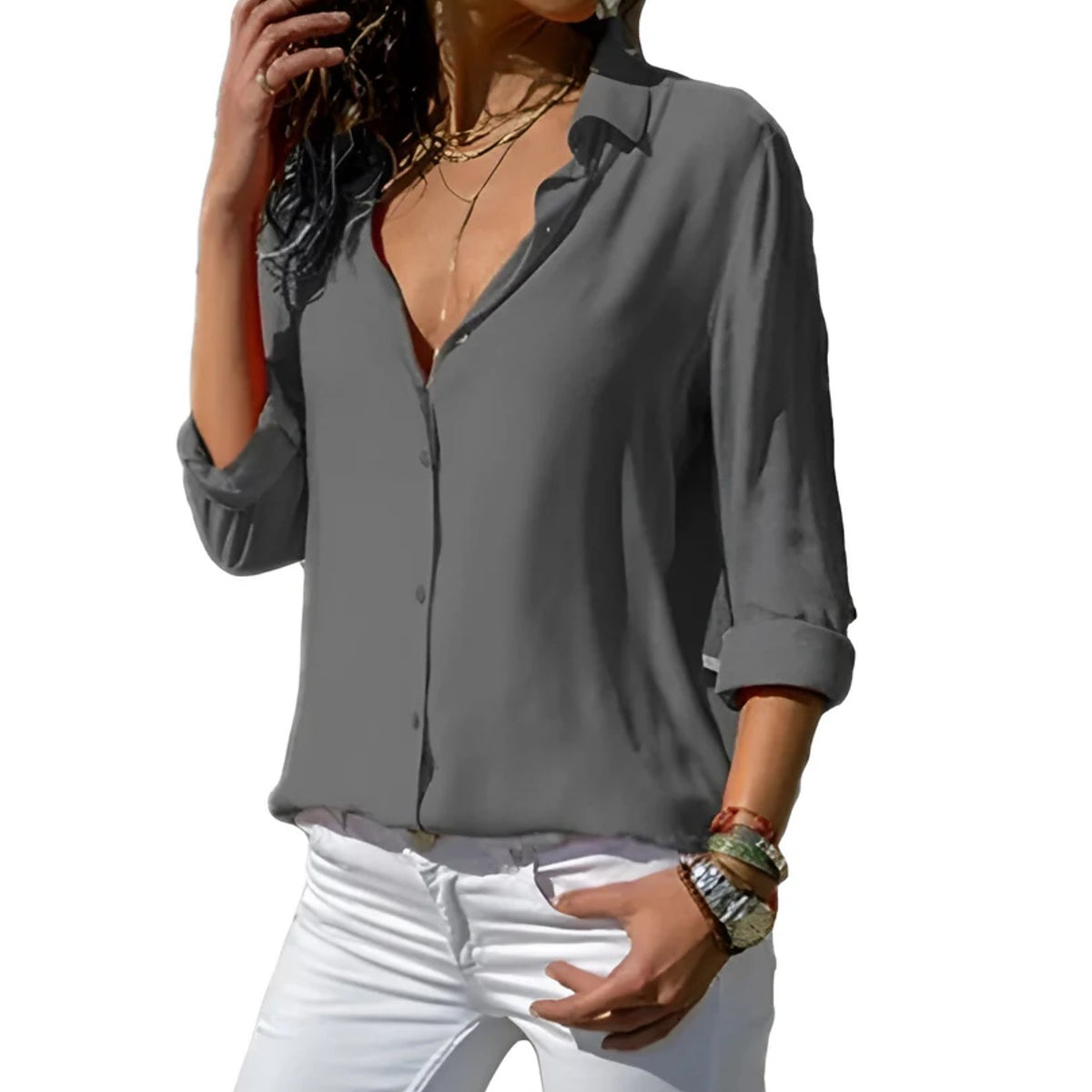 Women's Flowy Button Up Blouse V Neck