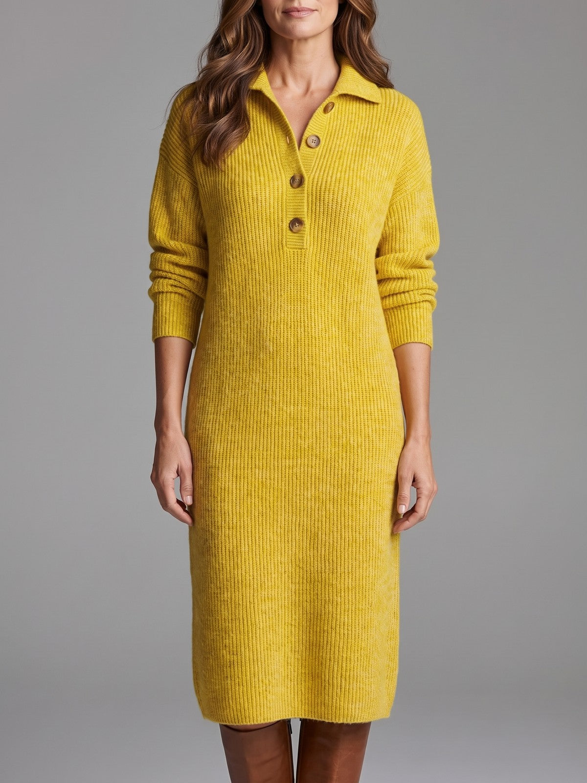 Women's Ribbed Sweater Dress with Button Collar