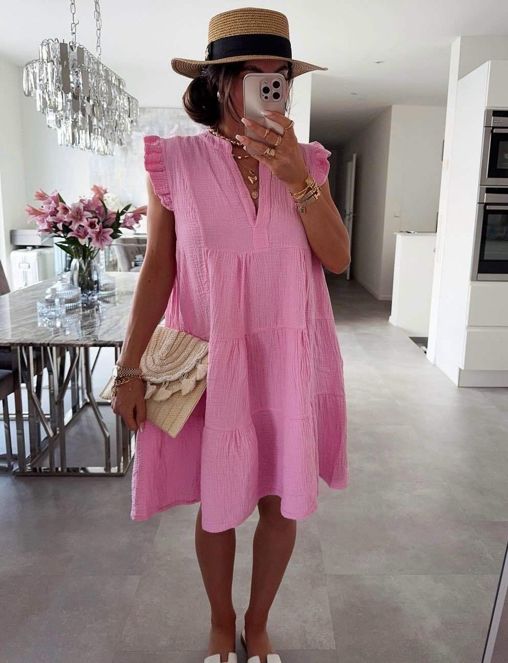 Women's V Neck Ruffle Sleeve Summer Dress