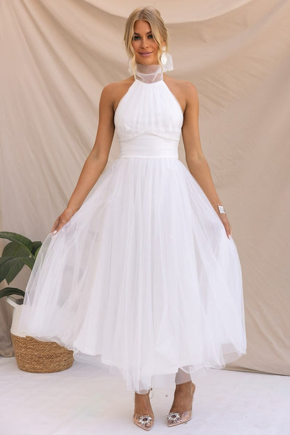 Women's Cowl Halter Tulle Tea Length Dress