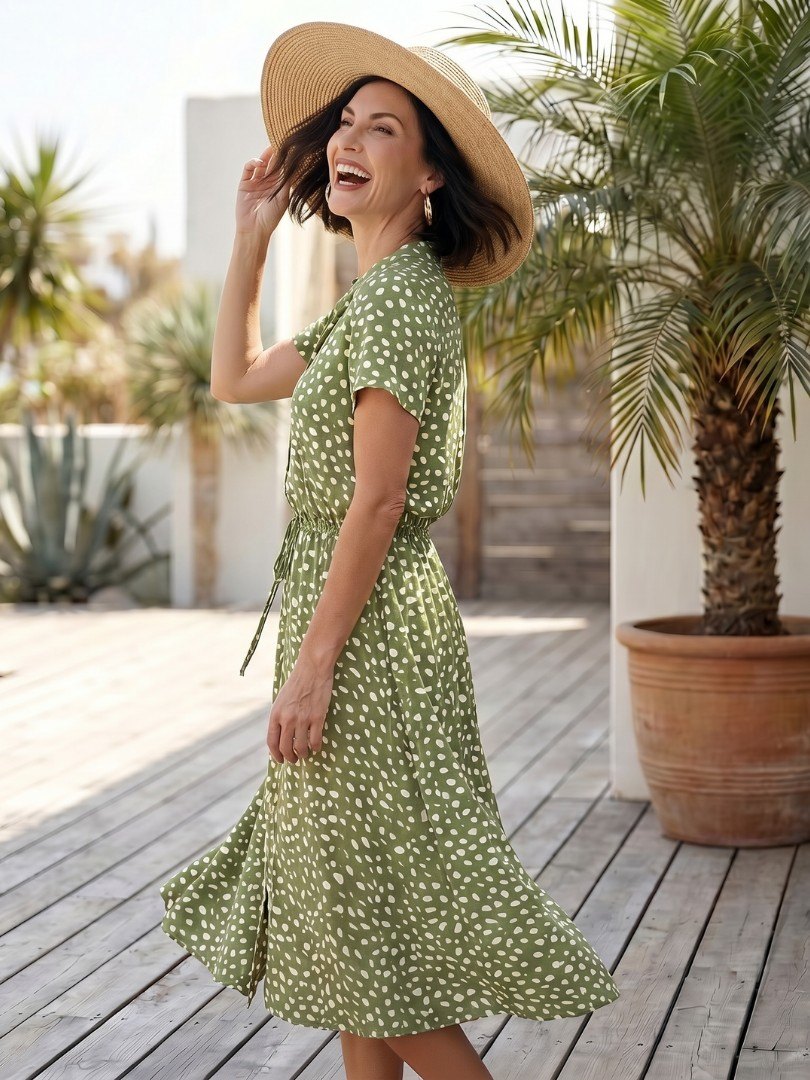 Women's Dot Print Button Front Midi Dress