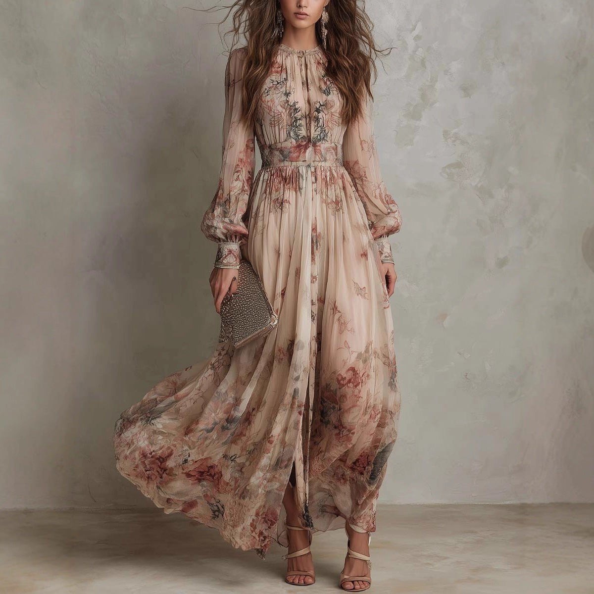 Women's Vintage Neckline Smocked Floral Maxi Dress