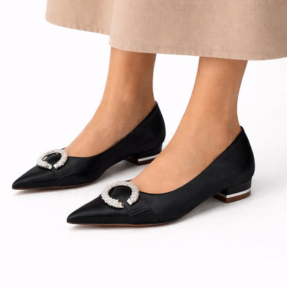 Women's Satin Pointed Toe Flats Block Heel