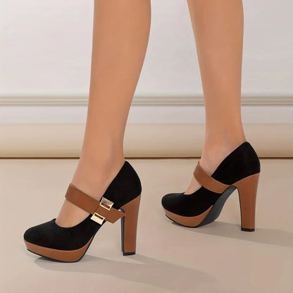 Women's Double Buckle Platform Block Heel Pumps