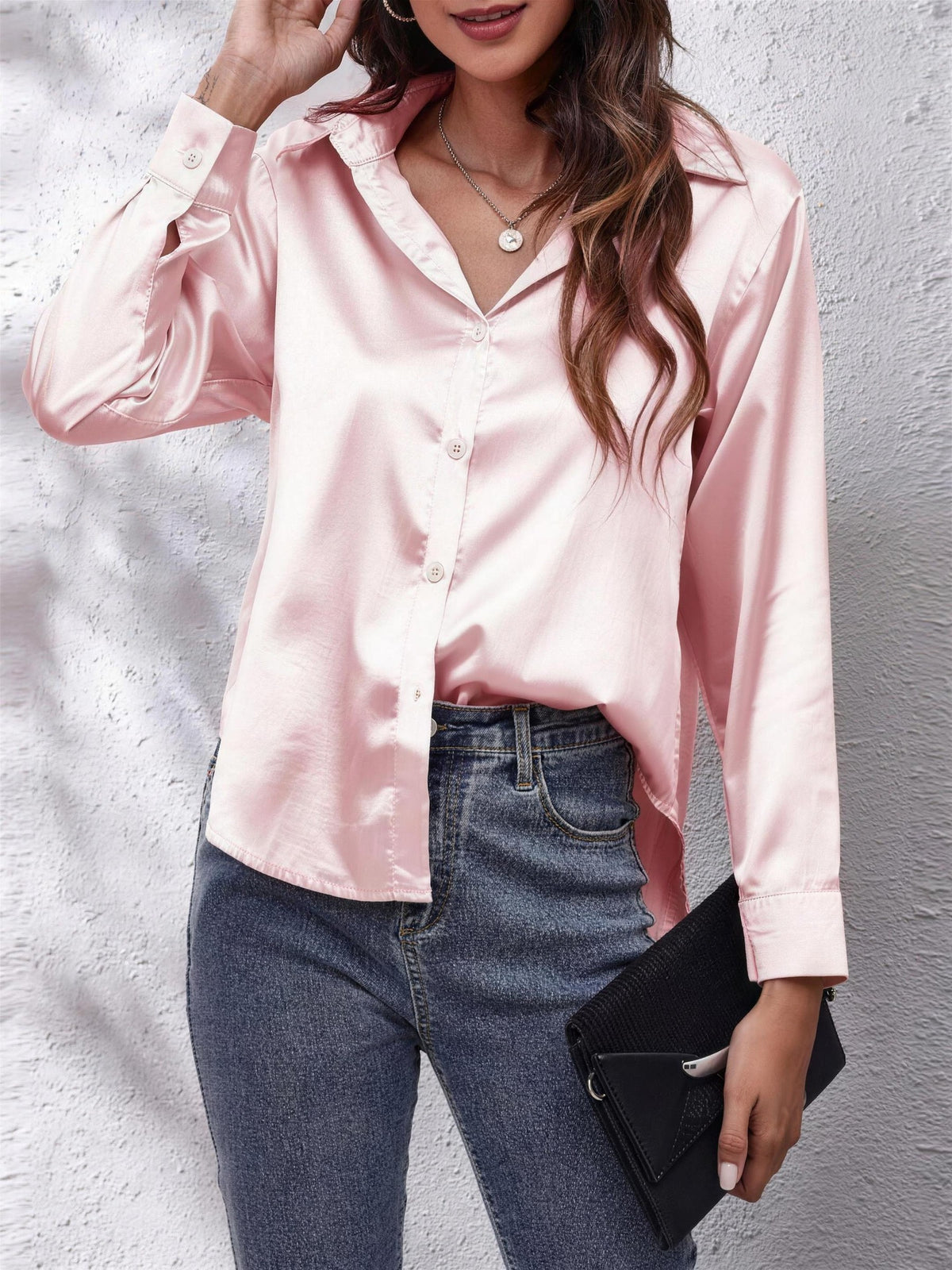 Women's Collared Satin Shirt with V Neck