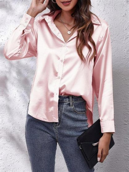 Women's Collared Satin Shirt with V Neck