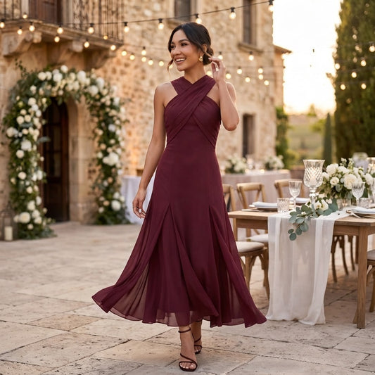 Women's Flowy Long Chiffon Dress Halter Neckline