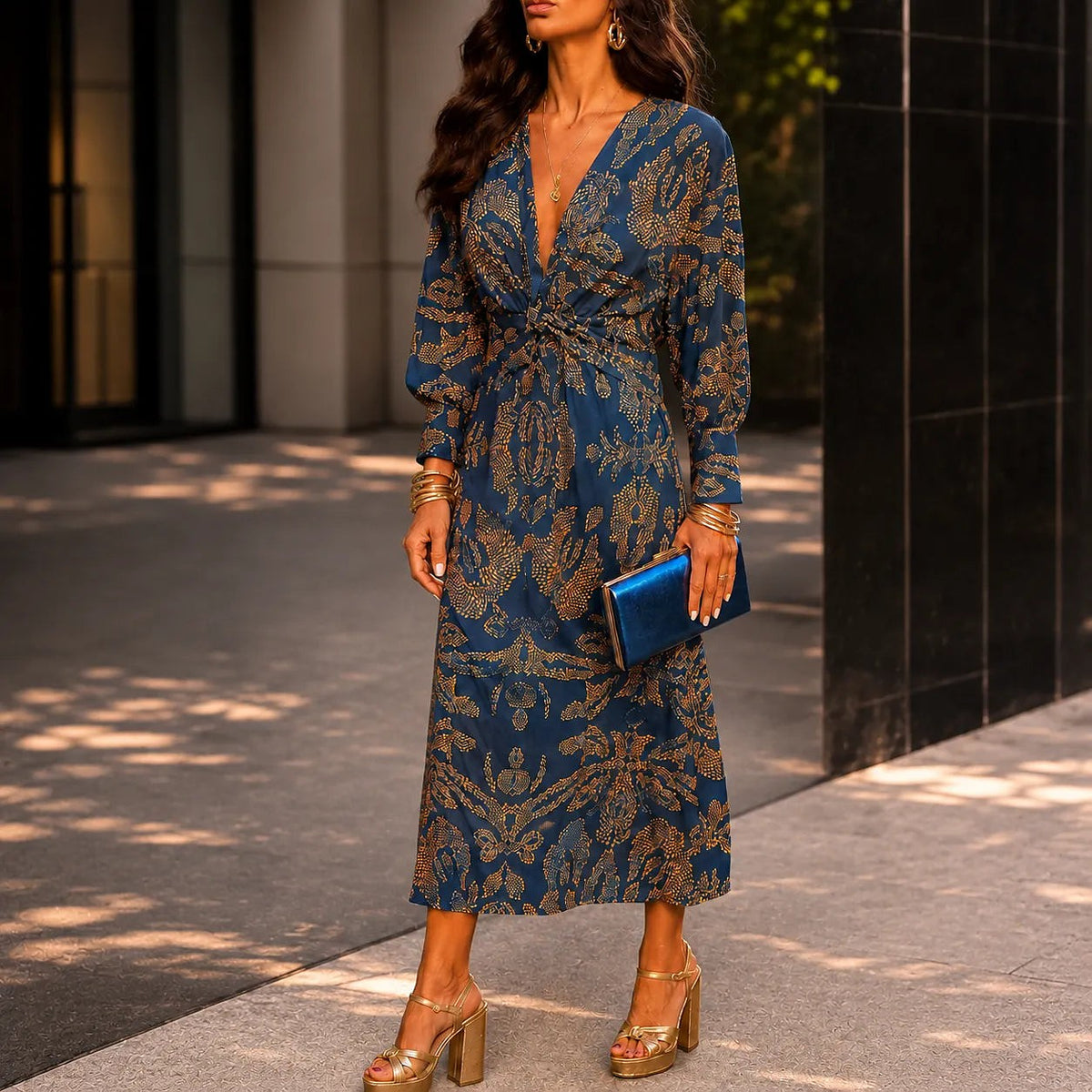 Women's Printed V Neck Wrap Dress