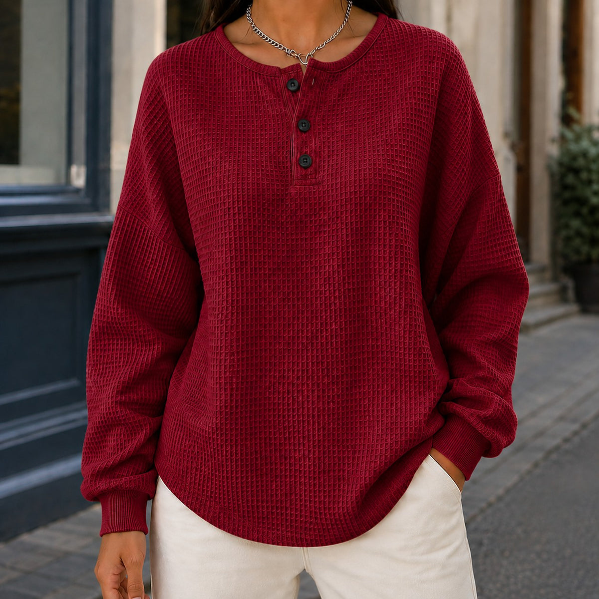 Women's Waffle Knit Sweater with Button Neck